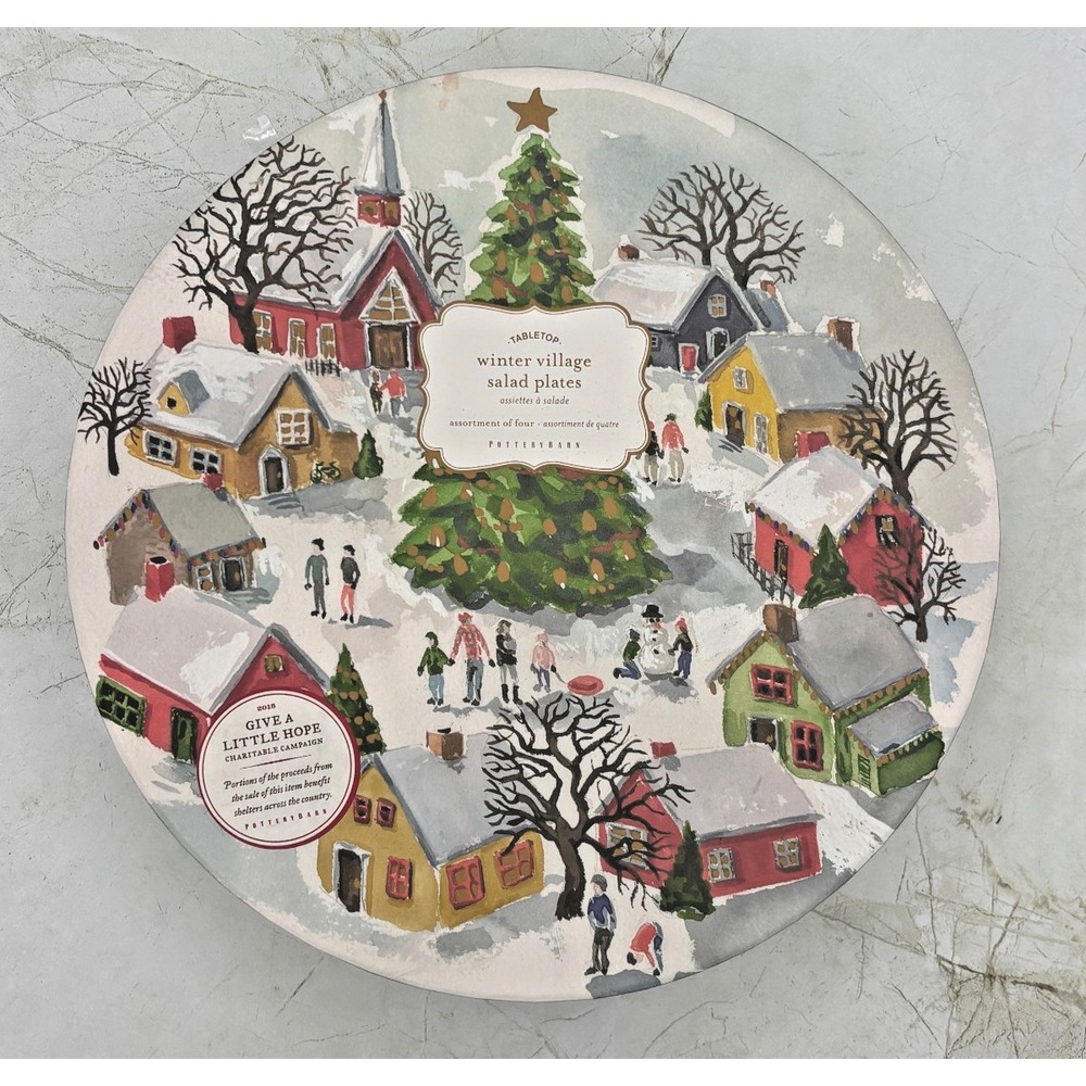 Pottery Barn Winter Village Plates 9.5" Set Of 4 Assorted Designs Ceramic 2015